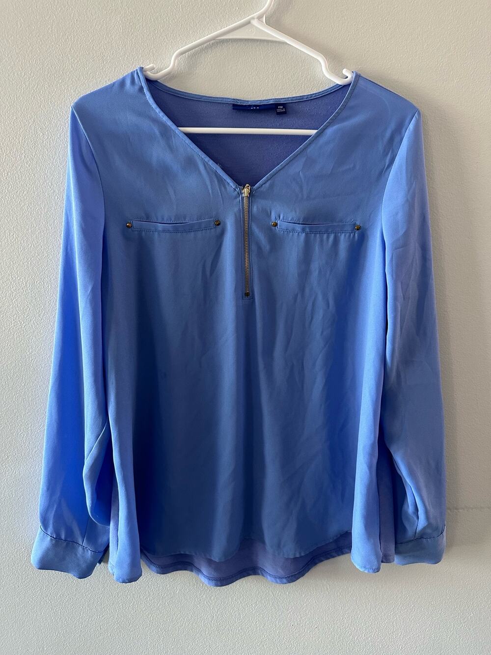 Apt. 9 Top Women's Petite Medium Blouse Long Sleeve Chiffon V-neck Quarter Zip